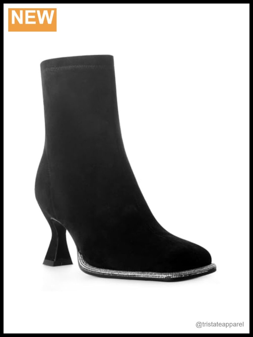 Women's Square Toe Rhinestone Heeled Ankle Boots Side Zipper Faux Suede
